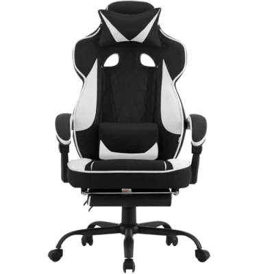Afbeelding van WOLTU GS03sw Ergonomische gamingstoel met brede pocketveringzitting en voetensteun, maximale belasting 150 kg, draaistoel, net stof, zwart wit