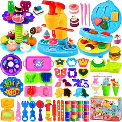 Afbeelding van NLMWTI 24 potten boetseerklei, 98 delige accessoires boetseerklei voor kinderen, ijsmachine, hamburgermachine, modelleermassa, speelgoedcadeau kinderen vanaf 3 jaar