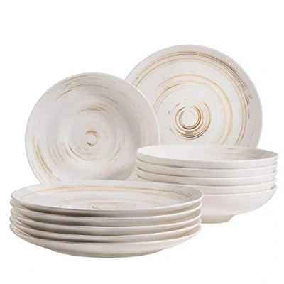 Afbeelding van MÄSER 931605 Serie Derby Premium tafelservies voor 6 personen in gastronomische kwaliteit, set van 12 moderne borden met penseeleffect, wit, duurzaam porselein
