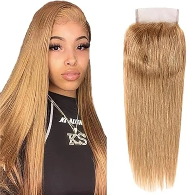 Afbeelding van Tuheerst kanten sluiting, recht, 4 x 4, vetersluiting, echt haar, lichtblond, kleur #27, sluitingen, 100% onbewerkt, Virgin Remy 35,6 cm