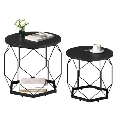 Afbeelding van WOLTU BTS05szdc Lot de 2 tables basses, d&#039;appoint avec plateau rond, cadre en métal creux, table salon espace rangement, dérivé du bois, aspect bois noir,