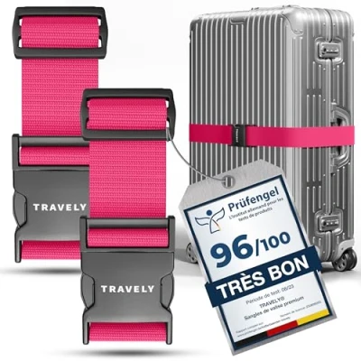 Afbeelding van Travely® Set van 2 hoogwaardige kofferriemen, bijzonder zichtbaar en veilig, met naamlabels, ideale kofferriem aan het kruis, Roze