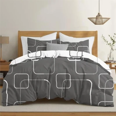 Afbeelding van Dreamzie Dekbedovertrek 155 x 220 cm met 2 kussenslopen 80 cm, motief geo grijs/wit, beddengoed ritssluiting, beddengoed, Oeko TEX