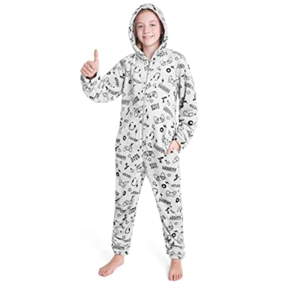 Afbeelding van CityComfort Pyjamaset voor kinderen, onesie, pyjama overall van fleece, pyjamapak, jongens, meisjes, tieners, gamers, heel zacht flanel, 7 14 jaar, grijs.