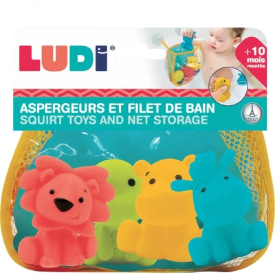 Afbeelding van LUDI 4 badsproeiers + 1 opbergnet sprinklers om in bad of op het strand te spelen Babybadspeelgoed van zacht kunststof Vanaf 10 maanden