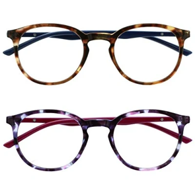 Afbeelding van OPULIZE Set van 2 slanke ronde monturen, veerscharnieren, krasbestendig, schildpad, bruin, paars, mannen, vrouwen, RR60 25 +2,50