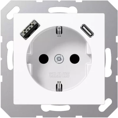 Afbeelding van JUNG wandcontactdoos met USB A en C aansluiting Alpin wit (hagelwit) A1520 15CAWW