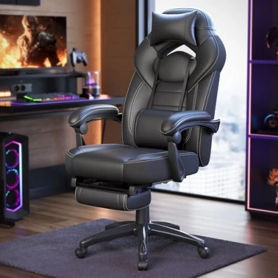 Afbeelding van SONGMICS Ergonomische gamingstoel, bureaustoel, met telescopische voetensteun, verstelbare hoofdsteun, lendensteun, draagkracht 150 kg, zwart