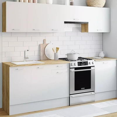 Afbeelding van Cuisine complète SUBTIL 240 cm avec plan de travail structure effet bois et façades blanches 7 éléments