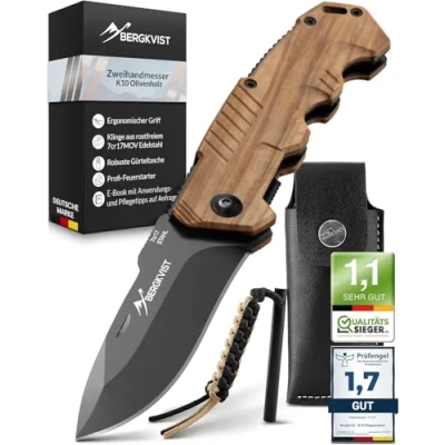 Afbeelding van BERGKVIST® K10 Vouwmes (mes met twee handen) scherp mes voor buiten, survival of jacht vuurstaal en riemholster olijfhouten handvat