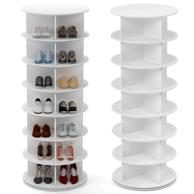 Afbeelding van PTUWODS 360 graden draaibaar schoenenrek ronde carrousel verticale handtas schoenenkast organizer (wit, 7 niveaus)