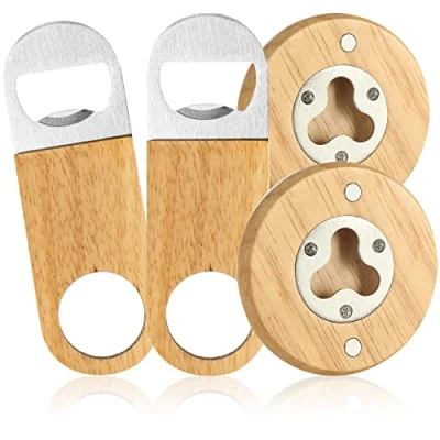 Afbeelding van COM FOUR® 4 x flesopener van roestvrij staal met praktische natuurlijke houten handgreep in eenvoudig design (4 stuks hout 2 plat rond)