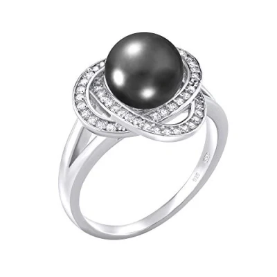 Afbeelding van SILVEGO Damesring van 925 Sterling zilver met echte zwarte Parel en zirkonia, zilver,