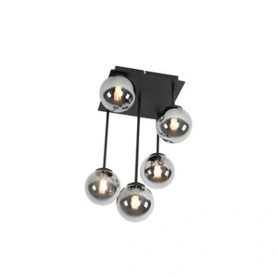 Afbeelding van QAZQA Moderne plafondlamp zwart 5 lichts met smoke glas Athens