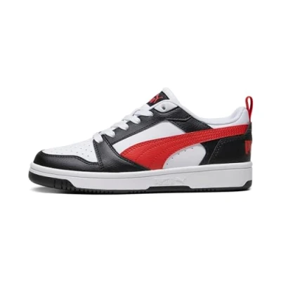 Image de PUMA Rebound V6 Lo Jr Chaussures unisexes pour enfant, Blanc/rouge/noir (White For All Time Red Black), 35.5 EU