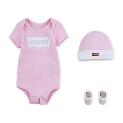 Image de Levi&#039;s Kids Classic Batwing Infant Hat Bodysuit Bootie Set 3Pc Bébé Garçon Rose (Fairy Tale) 6 12 Mois