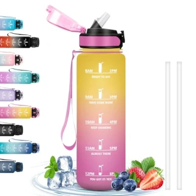 Afbeelding van sportfles met rietje, 1 liter waterfles, tijdschaal, lekvrije sportfles, gemakkelijk mee te nemen, voor fitness, wandelen, fietsen, outdoor