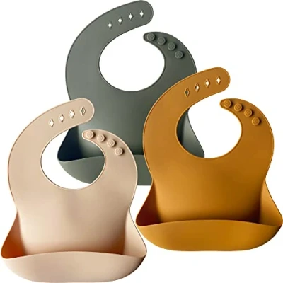 Afbeelding van Siliconen baby slabbetjes, set van 3, BPA vrij, zachte, verstelbare, waterdichte slabbetjes voor baby&#039;s en peuters, crème/buck/olijfgroen