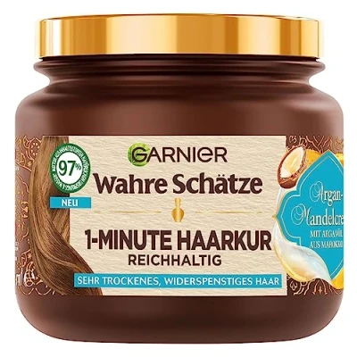 Afbeelding van Garnier Wahre Schätze Cure nourrissante 1 minute pour cheveux secs et rebelles, à l&#039;huile d&#039;argan d&#039;amande des souples souples, formule végétalienne, x 340 ml