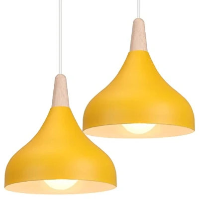 Afbeelding van iDEGU Retro hanglampen, modern, druppelstijl, kap, plafondlamp, E27, metaal, hanglamp, voor slaapkamer, eetkamer of keuken, diameter 20 cm, 2 stuks, geel