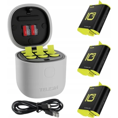 Afbeelding van Telesin 3 slot waterdichte oplader Allin box voor GoPro Hero 9 / 10 + batterijen (GP BTR 906 GY B)