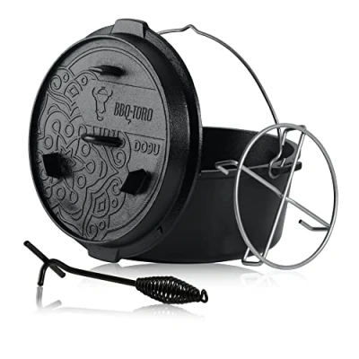 Afbeelding van BBQ Toro Ultimate Dutch Oven met PRO3+ coating, 9,0 liter (DO9U), pan zonder voeten, al gebakken, geperst proces, gietijzeren kookpan, braadpan dekselhendel