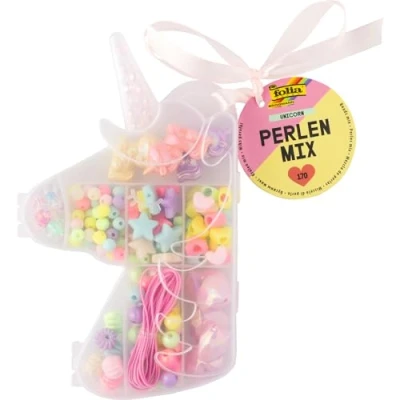 Afbeelding van folia 32021 Unicorn kralenmix, 170 stuks in verschillende vormen en kleuren, 2 m elastische band om te rijgen opbergdoos