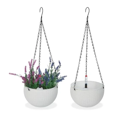 Afbeelding van Relaxdays hangpot met opvangbakjes set van 2 plantenpot watermeter overloopgat