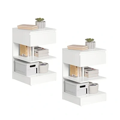 Afbeelding van SoBuy Set van 2 nachtkastjes, nachttafels, wit, bijzettafels met lade en planken, 39 x 65 cm, FBT49 Wx2