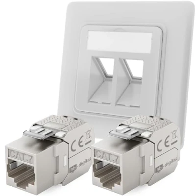 Afbeelding van hb digital Set: 2 poorts RAL9003 netwerkcontactdoos wit signaal + RJ45 Keystone Jack modules inbouwstopcontact Ethernet LAN stopcontacten 1000 MHz 10 Gbit/s STP