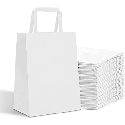 Afbeelding van 50 x Papieren draagtassen Van Witte Kraftpapier met Gevlochten Oren 18x8x22cm/ Kraft Tasjes Handvat/ Cadeautasjes gedraaid handgrepen / Zakjes/