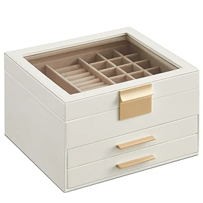 Afbeelding van SONGMICS Sieradendoos, juwelendoos met glazen deksel, 3 niveaus, 2 laden, opbergdoos voor juwelen, geschenk uw geliefde, valentijnscadeau haar, wit
