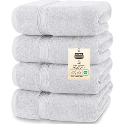 Afbeelding van Utopia Towels Set van 4 hoogwaardige badhanddoeken 100% gekamd katoen, sneldrogend, zeer absorberend, zachte handdoeken, perfect voor dagelijks gebruik 68,6 x 137,2 cm