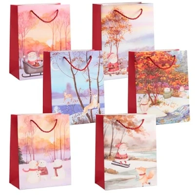 Afbeelding van THE TWIDDLERS 6 middelgroot kerstcadeauzakjes met hengsels voor Kerstmis Geassorteerde ontwerpen, 1 van elk, Multipack cadeauzakjes kleurrijke waterverfontwerpen 23cm x 18cm feestelijke