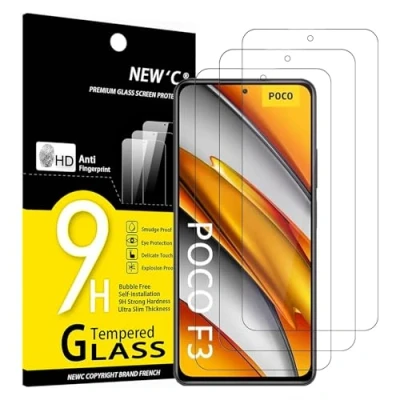 Afbeelding van NEW&#039;C Displaybeschermfolie van gehard glas voor Xiaomi Poco F3, Mi 11i, krasbestendig, zonder luchtbellen, extreem robuust (0,33 mm HD ultra transparant), hardheid 9H, 3 stuks
