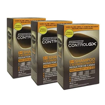 Afbeelding van Just for men Control GX Gray Reducing 2 in 1 shampoo en conditioner voor grijs haar, nieuwe verbeterde formule, alle tinten, 118 ml x 3 eenheden Promoo