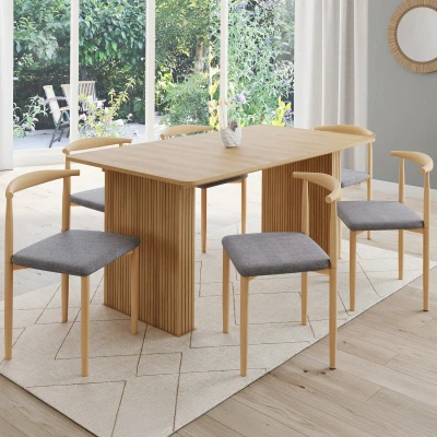 Afbeelding van Set van 6 NOE eetkamerstoelen in imitatiehout met lichtgrijze stoffen zittingen