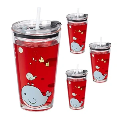 Afbeelding van Relaxdays drinkglazen set van 4 walvis design kinderglazen rietje transparant