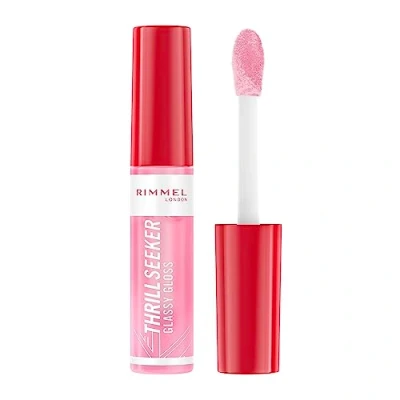 Image de Rimmel Thrillseeker Glassy Gloss 150 Bonbons roses, brillance hydratante, acide hyaluronique, complexe antioxydant, non collant, gros applicateur, lèvres saines, parfum délicieux, végétalien, sans