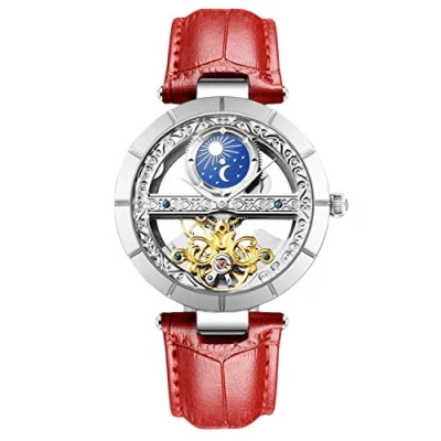 Afbeelding van RORIOS Dameshorloge, mechanisch, automatisch, dames, echt lederen armband, automatische opwinder, dameshorloges, Rood B, riem