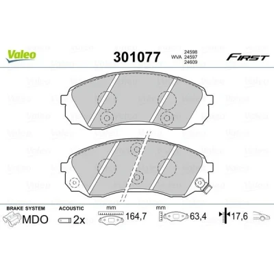 Afbeelding van VALEO 301077 Remblokkenset FIRST Vooras Incl. slijtage waarschuwingscontact Zonder anti kreukplaat HYUNDAI: H 1 / iLoad Cargo, i800 Travel