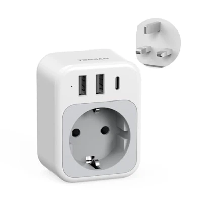 Afbeelding van TESSAN adapter Engelse stekker, 4 in 1 stekker Ierland met USB C en 2 A, type G Frankrijk naar Ierland, VK, Malta, Maleisië, Vietnam, Cyprus, Saoedi Arabië, Malediven