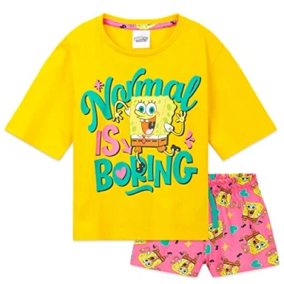 Afbeelding van SpongeBob Squarepants pyjama voor meisjes, sets officiële sponsbob, cartoon, set van T shirt en shorts, nachtkleding kinderen, jongeren, katoen, 3 tot 14 jaar, Geel/Roze