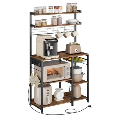 Afbeelding van VASAGLE Keukenrek met stekkerdoos, magnetronhouder, koffiebar, 4 AC stopcontacten, verstelbare planken, 8 S haken, mand, kruidenhouder, rustiek bruin en inktzwart KKS031K11
