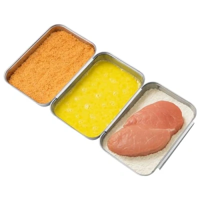 Afbeelding van Navaris roestvrijstalen paneerset 3 stuks Voor paneren van schnitzel, vlees en vis bakken 22 x 15 3cm Stapelbaar Vaatwasbestendig
