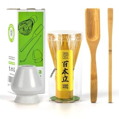 Afbeelding van TEANAGOO Japanse ceremonie accessoire voor matcha, matcha garde (chashaku), traditionele lepel theelepel, matwitte gardehouder, I3, de perfecte set het bereiden van een kopje
