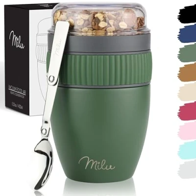 Afbeelding van Milu Mueslibeker om mee te nemen, 400 ml, roestvrijstalen thermosbeker voor yoghurt, muesli, lekvrije beker met lepel yoghurt/pap (olijfgroen)