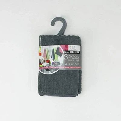 Image de 3 torchons 40 x cm microfibre cuistot 2 unis/1 raye Anthracite