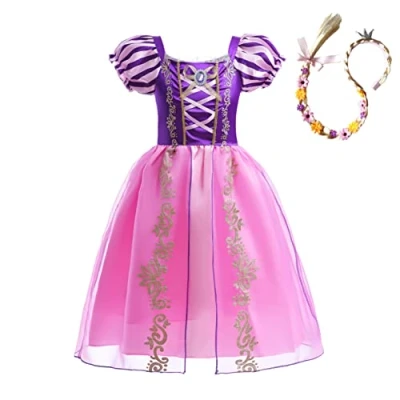 Afbeelding van Lito Angels Deguisement Robe Costume Princesse Raiponce avec Perruque Tresser Enfant Fille, Taille 3 ans (étiquette en tissu 03), Manches Bouffants