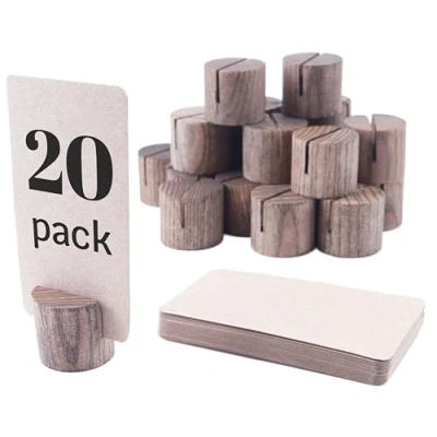 Afbeelding van 20 stuks mini houten tafelnummerhouders met 25 plaatskaarten van kraftpapier tafelkaarthouder, tafelkaarthouder voor tafels, fotohouders en borden (bruin)